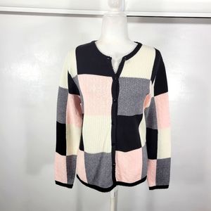 ge Color Block Patchwork Knit Cardigan Sweater, Estimated Size Medium